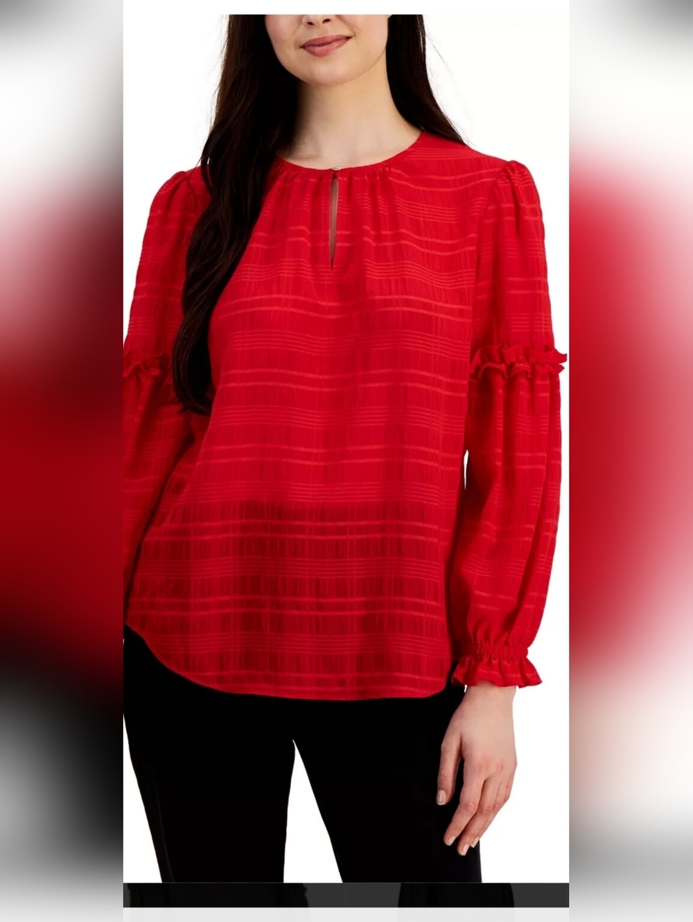 Tommy Hilfiger Red Textured Keyhole Puff-Sleeve Blouse Size L